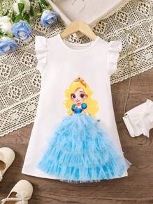 SHEIN Young Girl Summer Mesh Splicing Portrait Printed Dress With Ruffle Detail - Blue - View 1