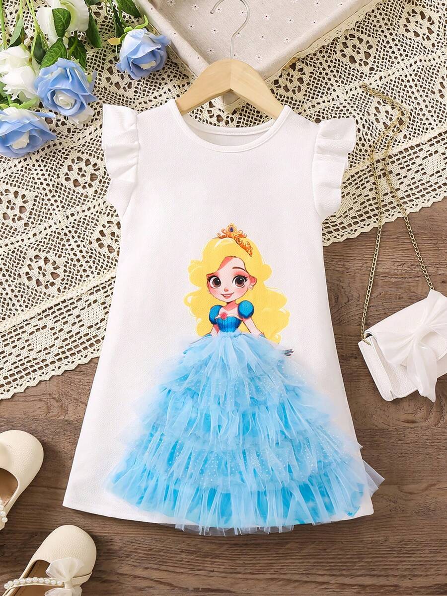 SHEIN Young Girl Summer Mesh Splicing Portrait Printed Dress With Ruffle Detail - Blue - View 1
