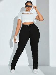 SHEIN SXY 純色大尺碼彈性喇叭牛仔褲,超長修身褲腿 - 黑色 - 查看 6