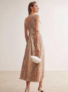 MOTF PREMIUM Surplice cổ Eo Ruched Kim sa Đầm - Rượu sâm banh - Xem 7