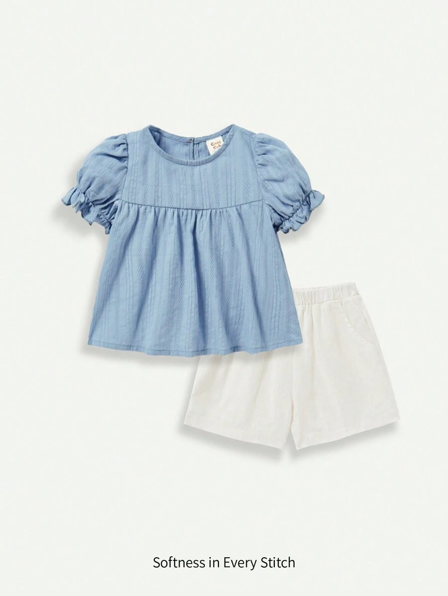 Cozy Pixies Baby Girl Jacquard Soft Puff Sleeve Top With Ruffle Hem And Solid Casual Shorts 2pcs/Set - Blue - View 1