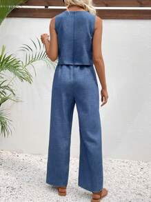 Breezaya 紋理束腰圓領無袖簡單夏季連身褲，寬腿設計 - 藍色 - 查看 2