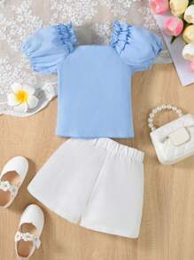 Baby Girls' Fashionable Ruffled Flap & Gathered Top With Skirt Set - Multicolor - View 2