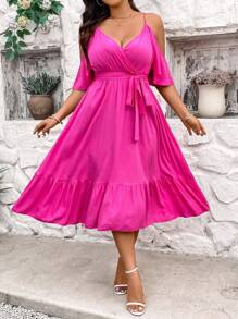 Celure Plus Size Summer Holiday Solid Color Cold-Shoulder Strap Dress - Hot Pink - View 3