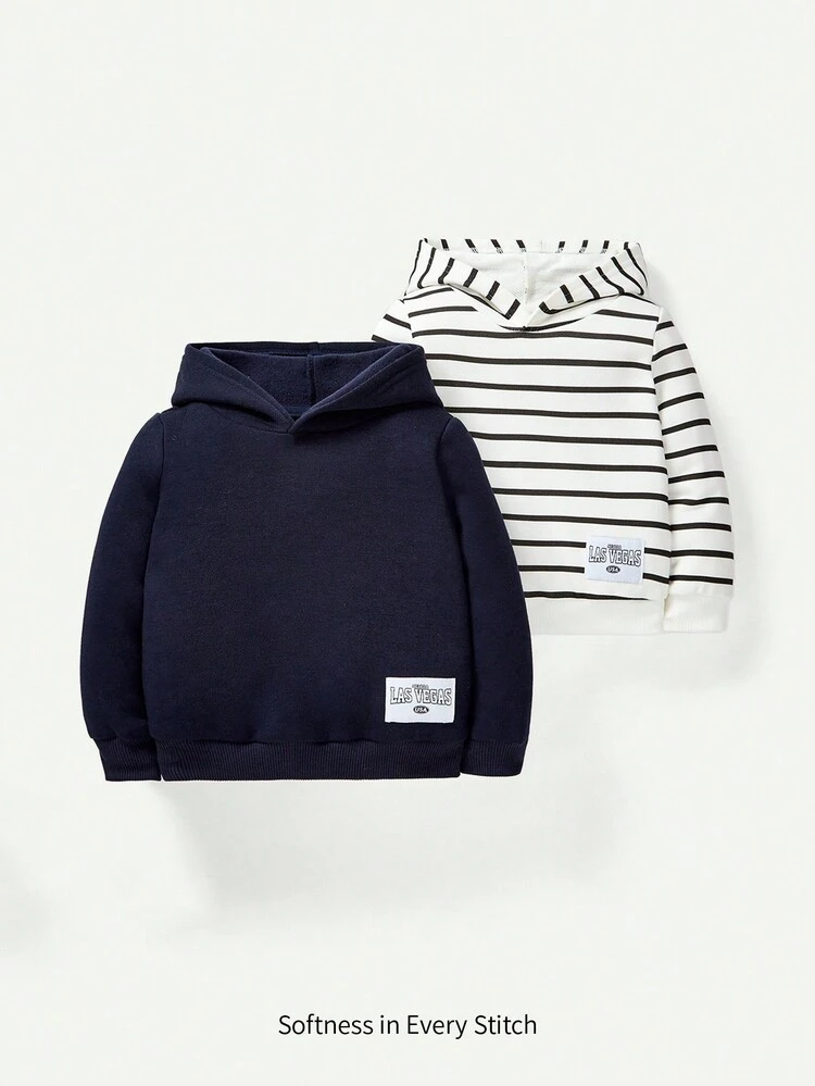 Baby Boy 2pcs Striped Print Letter Patched Detail Sweatshirt