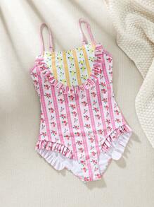 Teen Girls' One-Piece Swimsuit With Random Print And Ruffle Trim Detail Summer Swimming,Beach - Multicolor - View 5