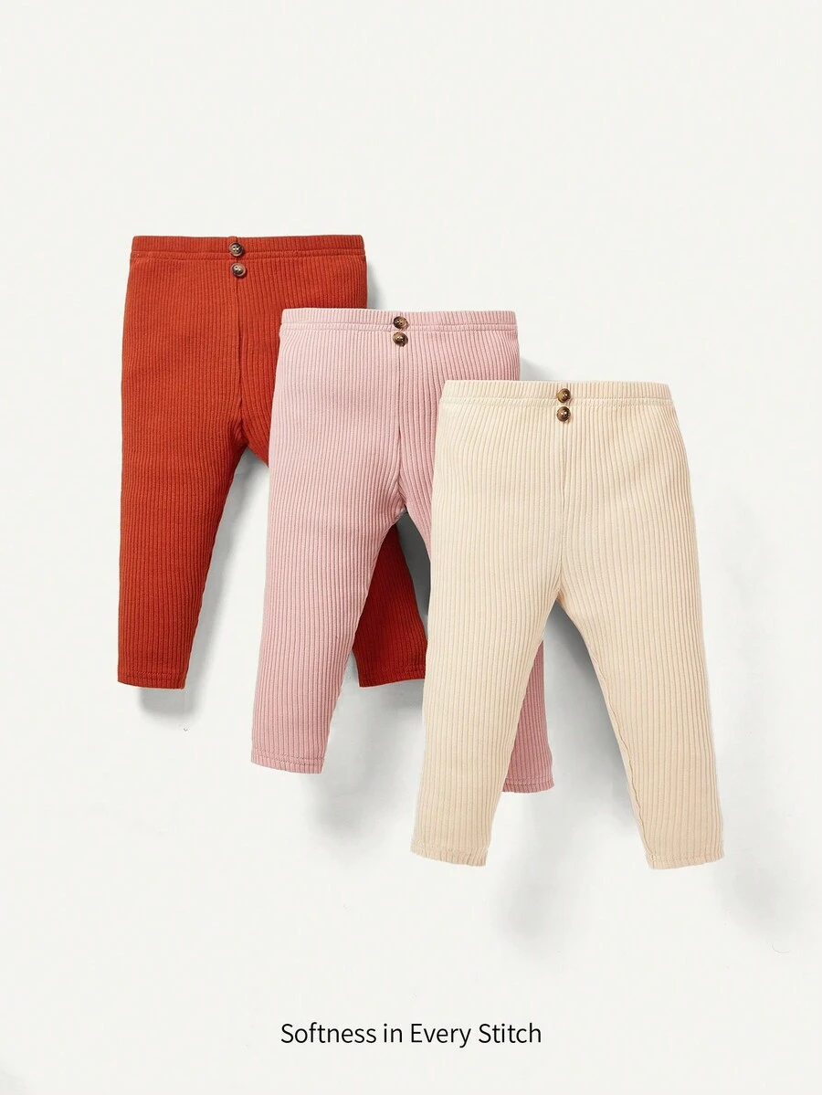 Cozy Pixies Baby Girls' 3pcs Solid Colored Elastic Waist Pants With Button Detail - Multicolor - View 1