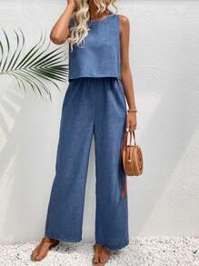 Breezaya 紋理束腰圓領無袖簡單夏季連身褲，寬腿設計 - 藍色 - 查看 4