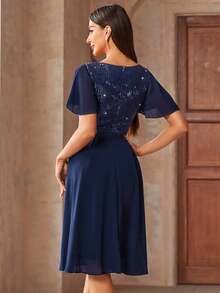 MIUSOL Contrast Sequin Butterfly Sleeve Cocktail Party Swing Dress - Navy Blue - View 3