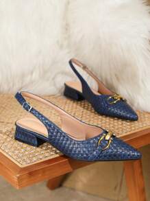 女士新款时尚舒适优雅尖头无后跟绑带粗跟一脚蹬高跟鞋，搭配连衣裙更显身材 - 寶藍色 - 查看 5