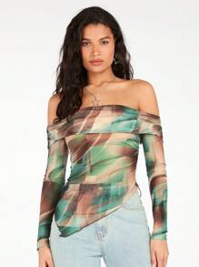 SHEIN BAE Iridescent Printed Ruched Off Shoulder Asymmetrical Hem Sheer Top With Long Sleeves - Green - View 1