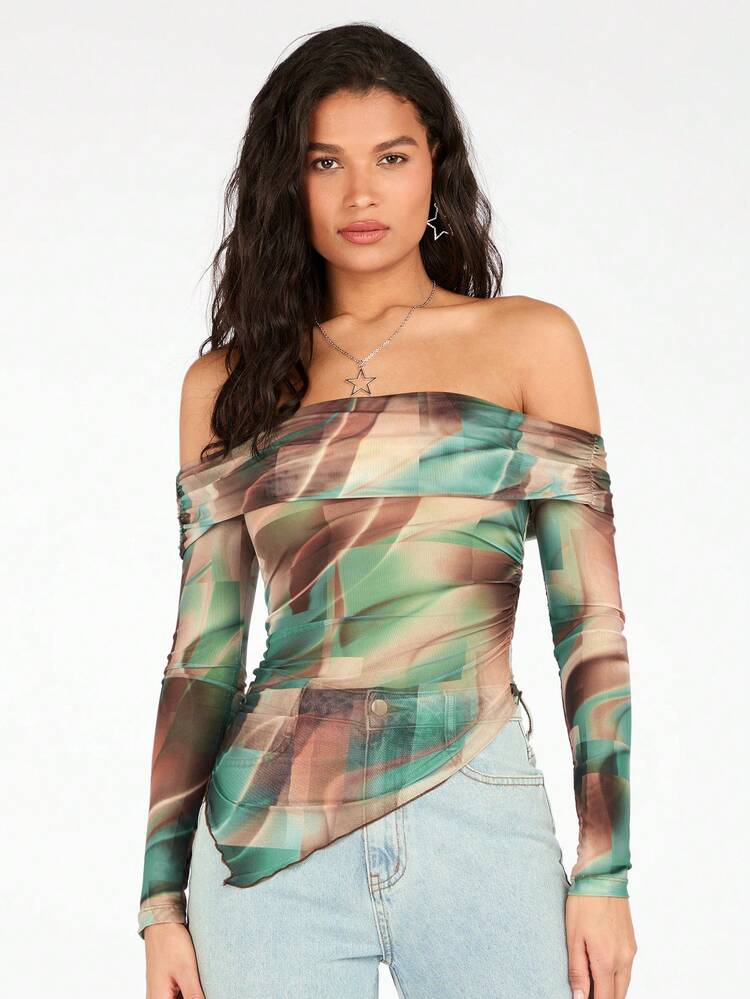 Iridescent Printed Ruched Off Shoulder Asymmetrical Hem Sheer Top With Long Sleeves