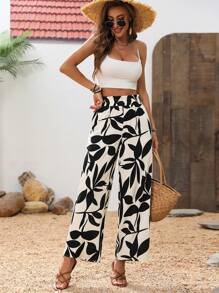 SHEIN PETITE Giải trí In thực vật Eo đàn hồi Thẳng Quần Với Nghiêng Túi - Nhiều màu - Xem 3