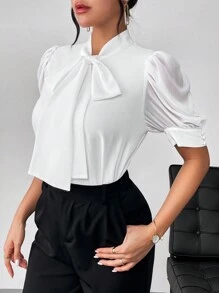 SHEIN Privé Women's Gentle Quality Chiffon Shirt With Bowknot Bubble Sleeves,Short Sleeve Tops