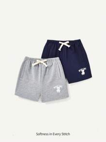 Conjunto De Pantalones Cortos Con Cordón En La Cintura Y Bloques De Color Para Bebé Niño Con Precioso Patrón De Osito - azul real - Ver 1