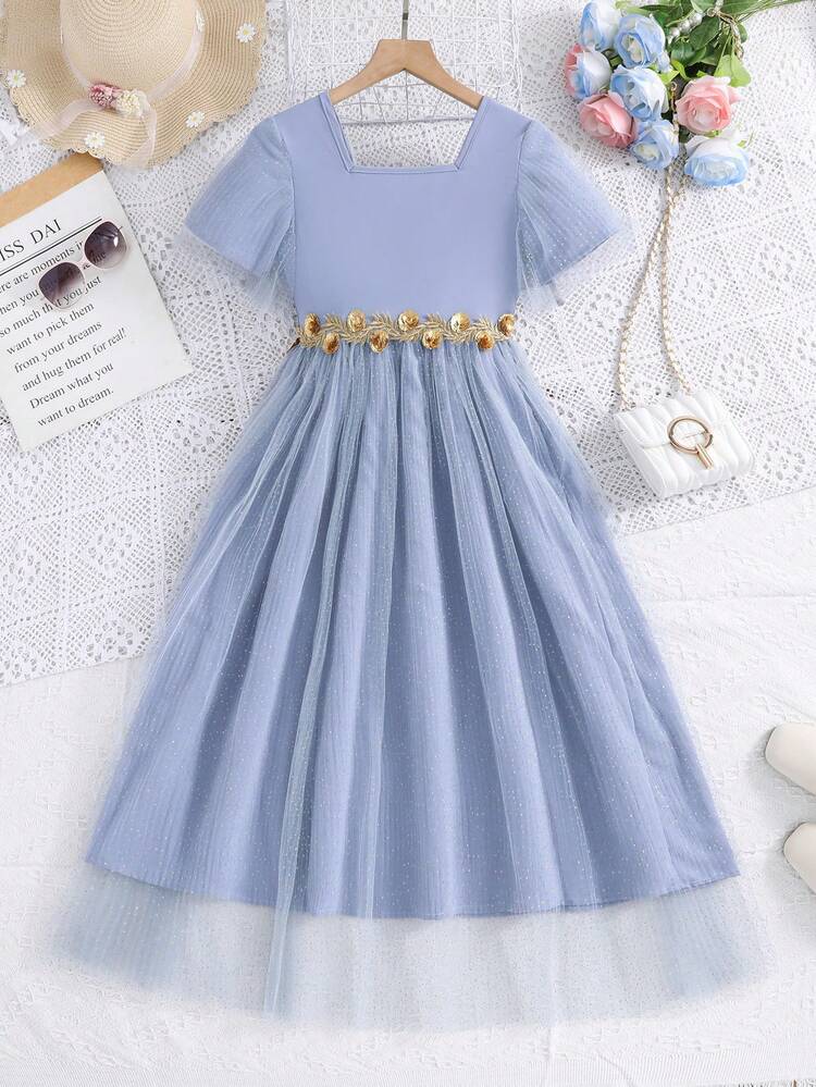Tween Girl Square Neckline Mesh Overlay Pleated Dress