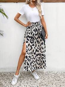 SHEIN Frenchy Allover Leopard Print Split Thigh Skirt Winter Brown - Khaki - View 1