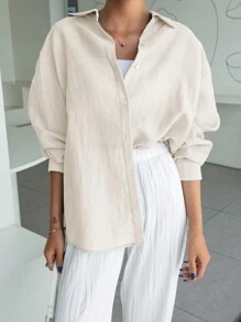 DAZY 女性實色休閒萬用長袖襯衫 - 白色 - 查看 2