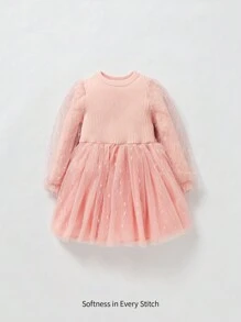 Baby Girl Contrast Mesh Ribbed Knit Sweater Dress - Baby Pink - View 1