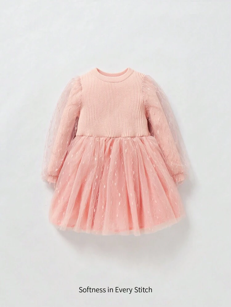 Baby Girl Contrast Mesh Ribbed Knit Sweater Dress