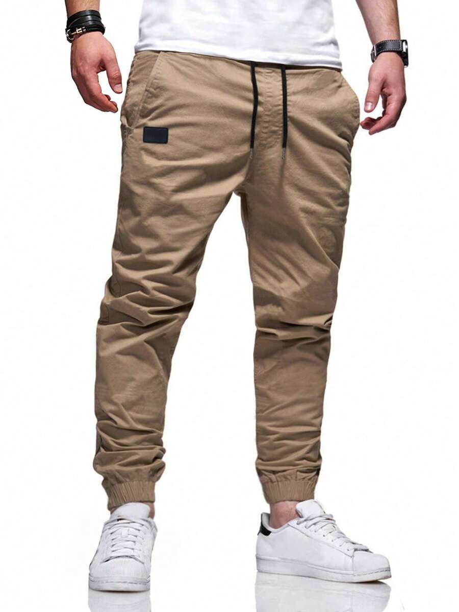 Manfinity Homme Loose Fit Men's Drawstring Waist Carrot Pants Long Slacks Plain Khaki Going Out, For Fall