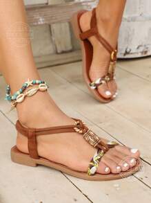 Newly Designed Outdoor Bohemian Style Beaded Flat Sandals In Brown Color - Brown - View 5