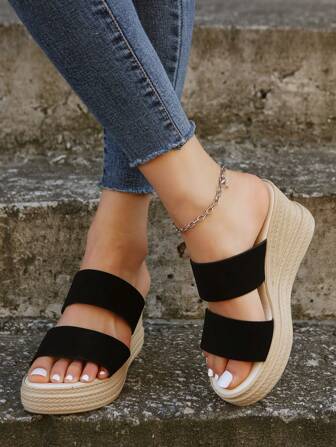 Women's Platform Wedge Heel Stylish Black Double Strap Thick Sole Sandals, Summer