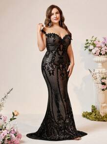 SHEIN Belle 加大码女式黑色蕾丝透视奢华亮片面料优雅美人鱼重工晚礼服正式舞会婚礼宾客礼服，适合毕业典礼、晚宴派对礼服 - 黑與白 - 查看 6