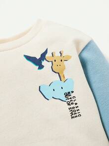 Baby Boys' Cartoon Pattern Color Block Crew Neck Drop Shoulder Sweatshirt - Apricot - View 3