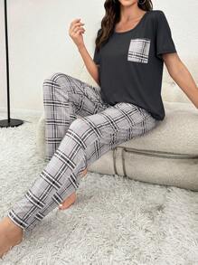 Ladies Fashionable Checkered T-Shirt And Long Pants Pajama Set - Black - View 4