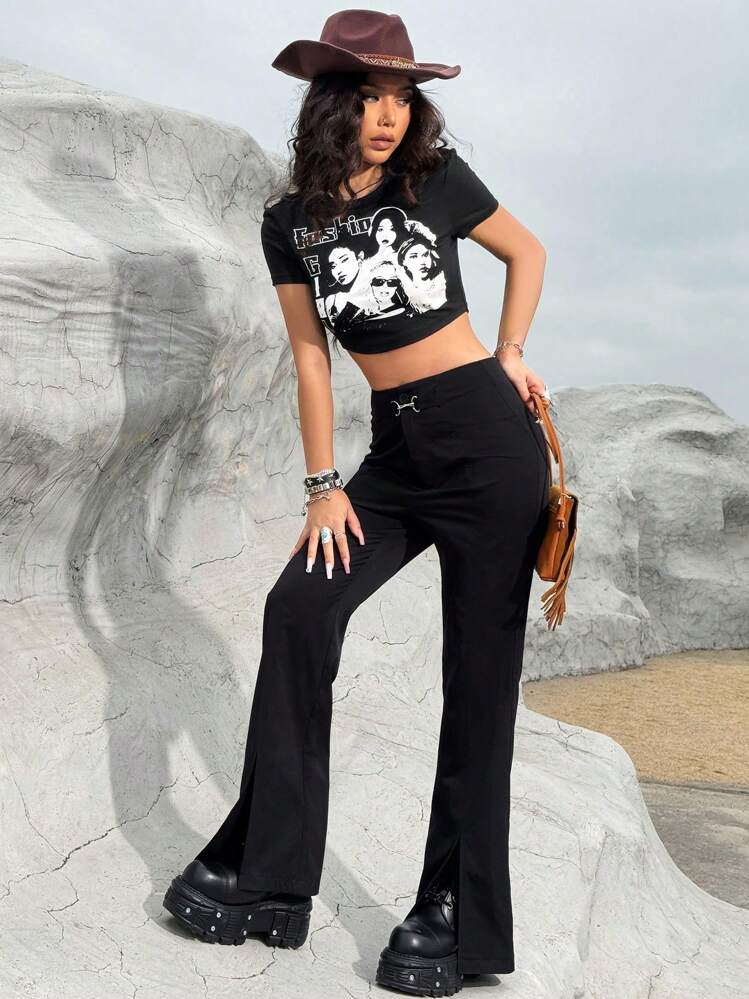 SHEIN Unity 開岔口前修身喇叭褲 - 黑色 - 查看 3