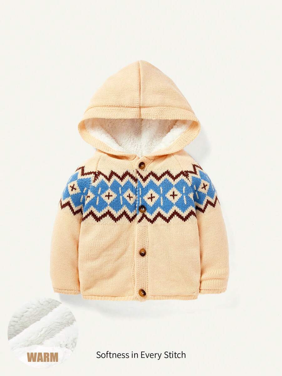 Baby Boy Geo Pattern Button Up Hooded Cardigan - Multicolor - View 1