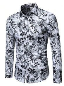 Manfinity Homme Camisa de manga larga con cuello y estampado gráfico divertido todo sobre, de corte slim, para hombre, de moda para primavera, para vacaciones, papá e hijo, papá, otoño - Negro - Ver 5