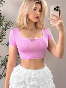 SHEIN Sweetina Women's Summer Short Sleeve Cropped Top With 3d Flower Decoration - Pink - View 3