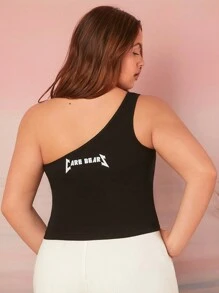 SHEIN X Care Bears Top casual noir à une épaule avec imprimé d'ours et de lettres pour femmes grande taille, pour l'été - Noir - Voir 4