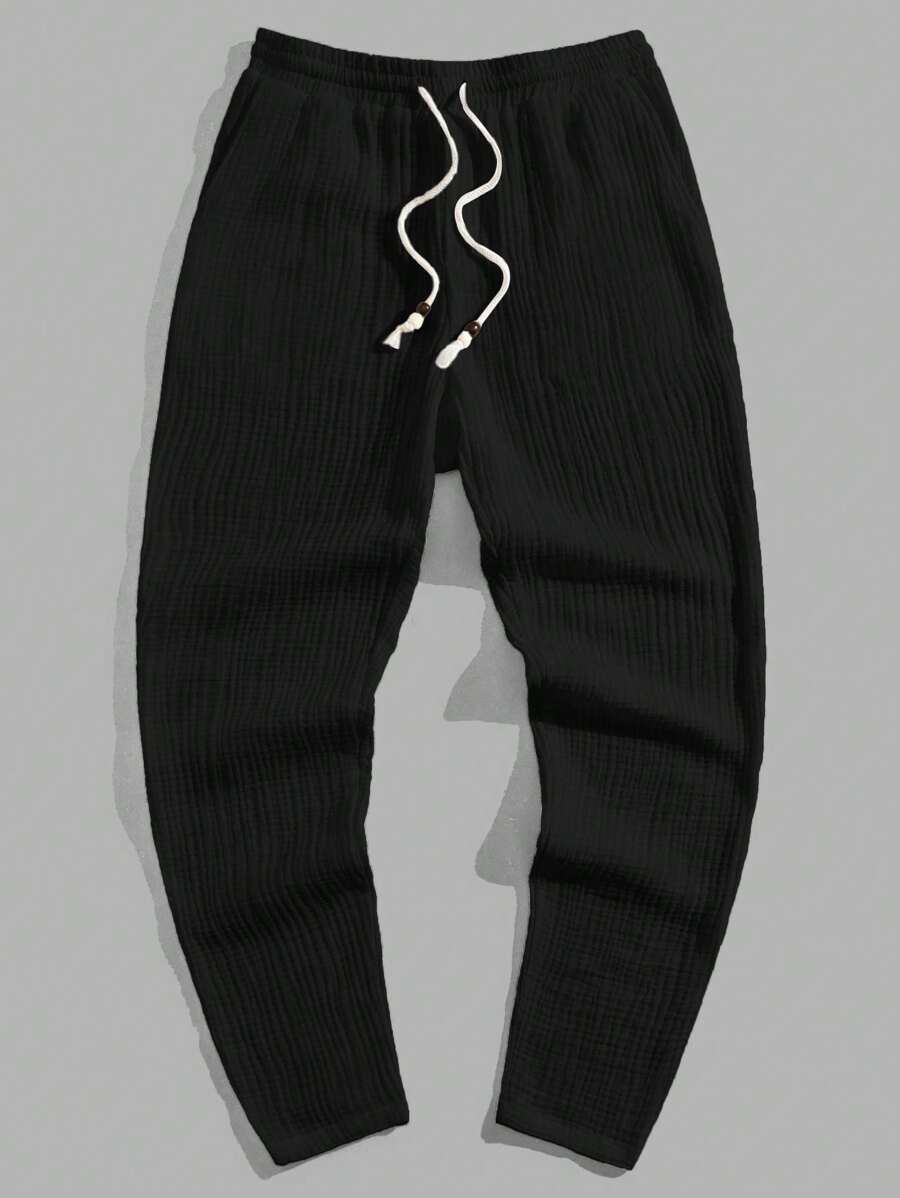 Manfinity NXTstreet Quần dài nam dệt rút eo họa tiết thường ngày, dành cho mùa thu - màu đen - Xem 1