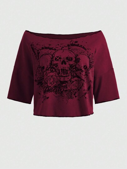 Grunge Punk Camiseta con estampado floral con cráneo de hombros descubiertos