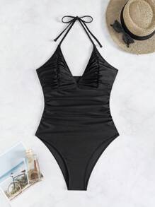 SHEIN Swim Summer Beach Women Solid Color Halter Fashionable Swimwear For Beach And Pool
