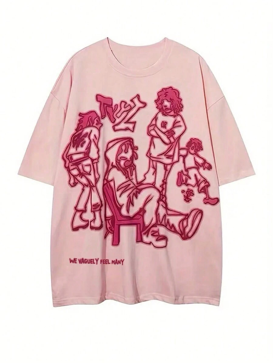 INAWLY 女士人物与字母印花 T 恤 图案 T 恤 女士上衣 - 粉色 - 查看 1