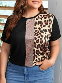 SHEIN CURVE+ Kích thước lớn Của phụ nữ Lỏng lẻo phù hợp Áo thun Với Hoa văn Báo Và Bảng điều khiển Sequin - Nhiều màu - Xem 7