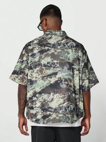 SUMWON Boxy Fit Twill Zip Shirt With All Over Print - Green - View 2