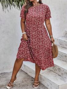 SHEIN Clasi Váy Maxi In Hoa Mùa Hè Cỡ Lớn Tay Phồng Màu Đỏ Tía Cho Nữ - Màu Đỏ Sâu - Xem 3