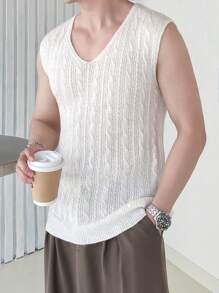 Manfinity Hypemode 1pc Men's Cable Knitted Sweater Vest With V-Neck - Beige - View 1