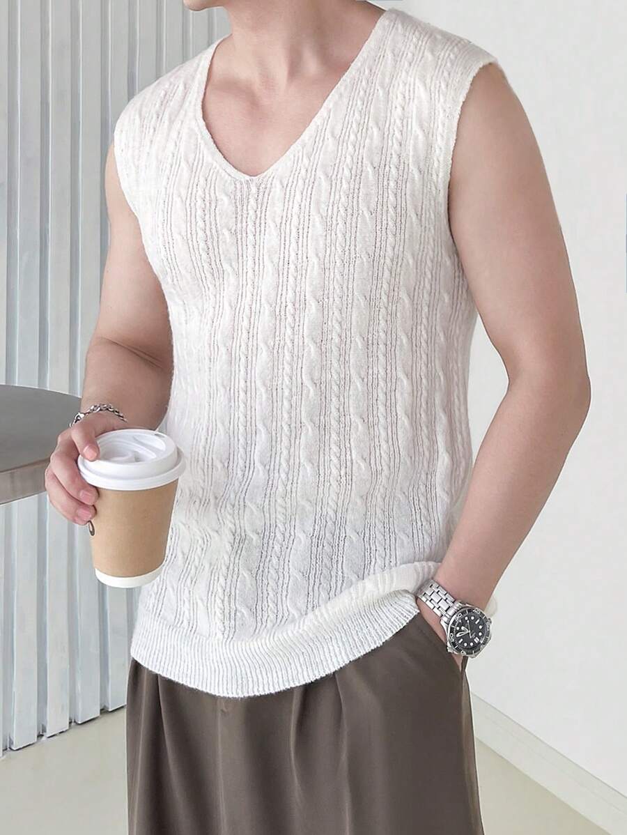 Manfinity Hypemode 1pc Men's Cable Knitted Sweater Vest With V-Neck - Beige - View 1