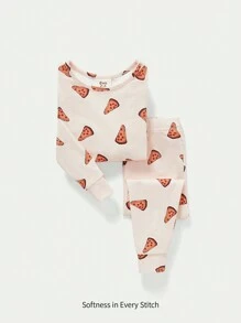 Cozy Pixies Baby Boy Snug Fit Pajamas, Cartoon Pizza Pattern, Round Neck, Long Sleeve Top And Long Pants Set - Apricot - View 1