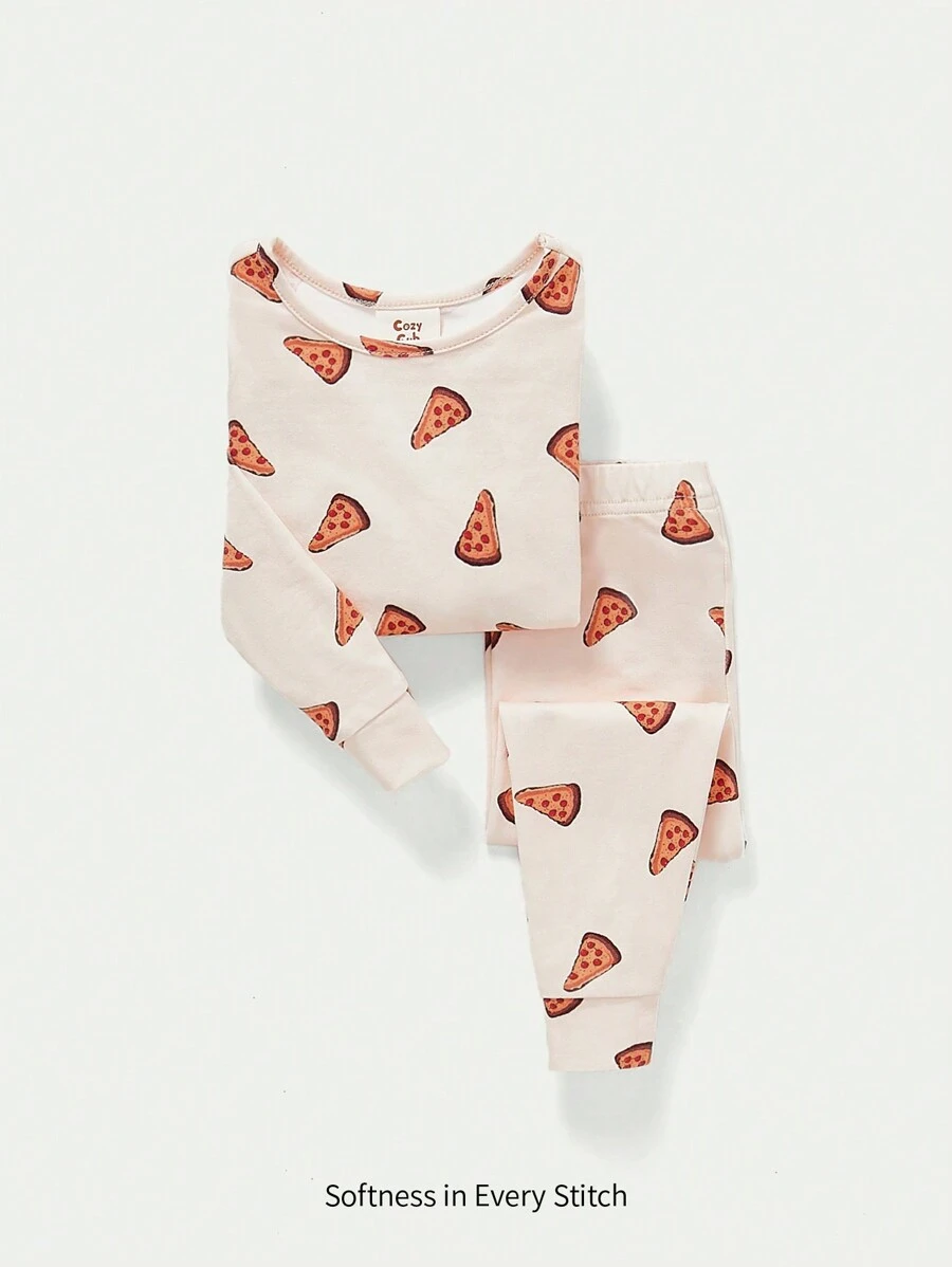 Cozy Pixies Baby Boy Snug Fit Pajamas, Cartoon Pizza Pattern, Round Neck, Long Sleeve Top And Long Pants Set - Apricot - View 1