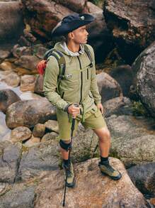 Gym Rark Boyfriend Style Men's Solid Color Zipper & Drawstring Closure Hooded Sports Jacket, Suitable For Hiking, Outdoor Travel Sports Jacket - Olive Green - View 4