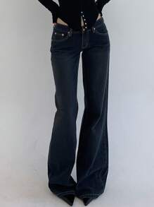 DAZY Women's Low Waist Summer Flared Denim Jeans,Ladies Button,Pocket,Zipper Drop Waist Straight Leg Long Dark Wash Curvy Loose Women Jeans,Spring/Fall,Casual Daily Wear Y2k