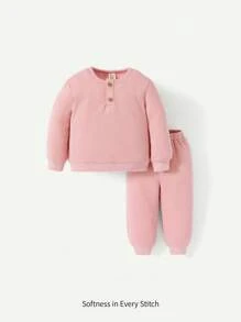 Cozy Pixies Baby Girl Half Button Waffle Knit Pullover & Sweatpants - Pink - View 1