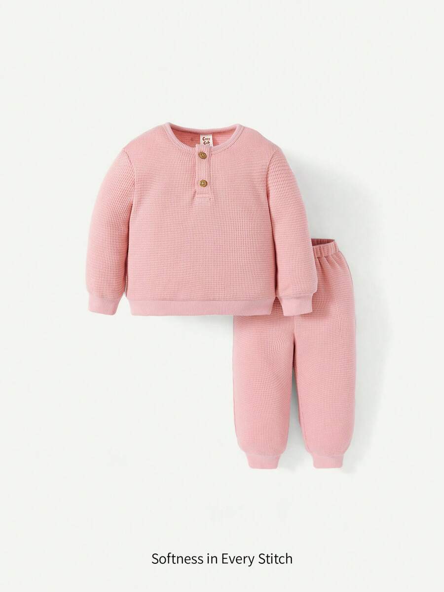 Cozy Pixies Baby Girl Half Button Waffle Knit Pullover & Sweatpants - Pink - View 1